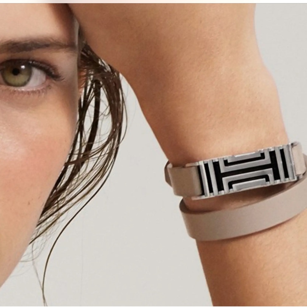 Tory Burch Fitbit Flex Double Wrap Leather Bracelet Taupe Gray Silver